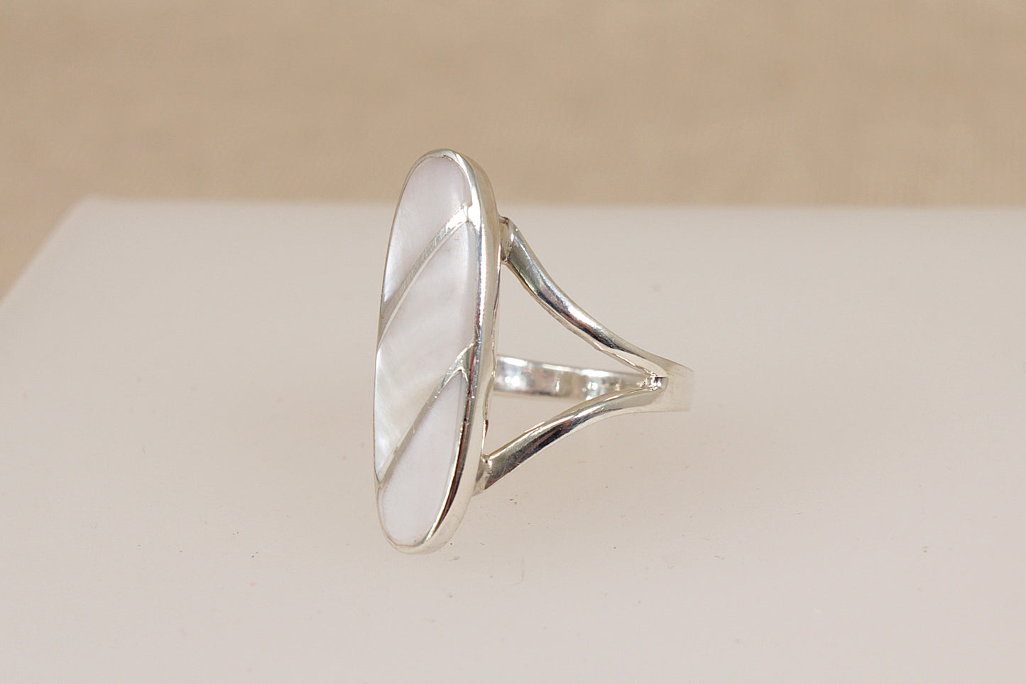 Distinctive Silver & Mother of Pearl Elongated Ring