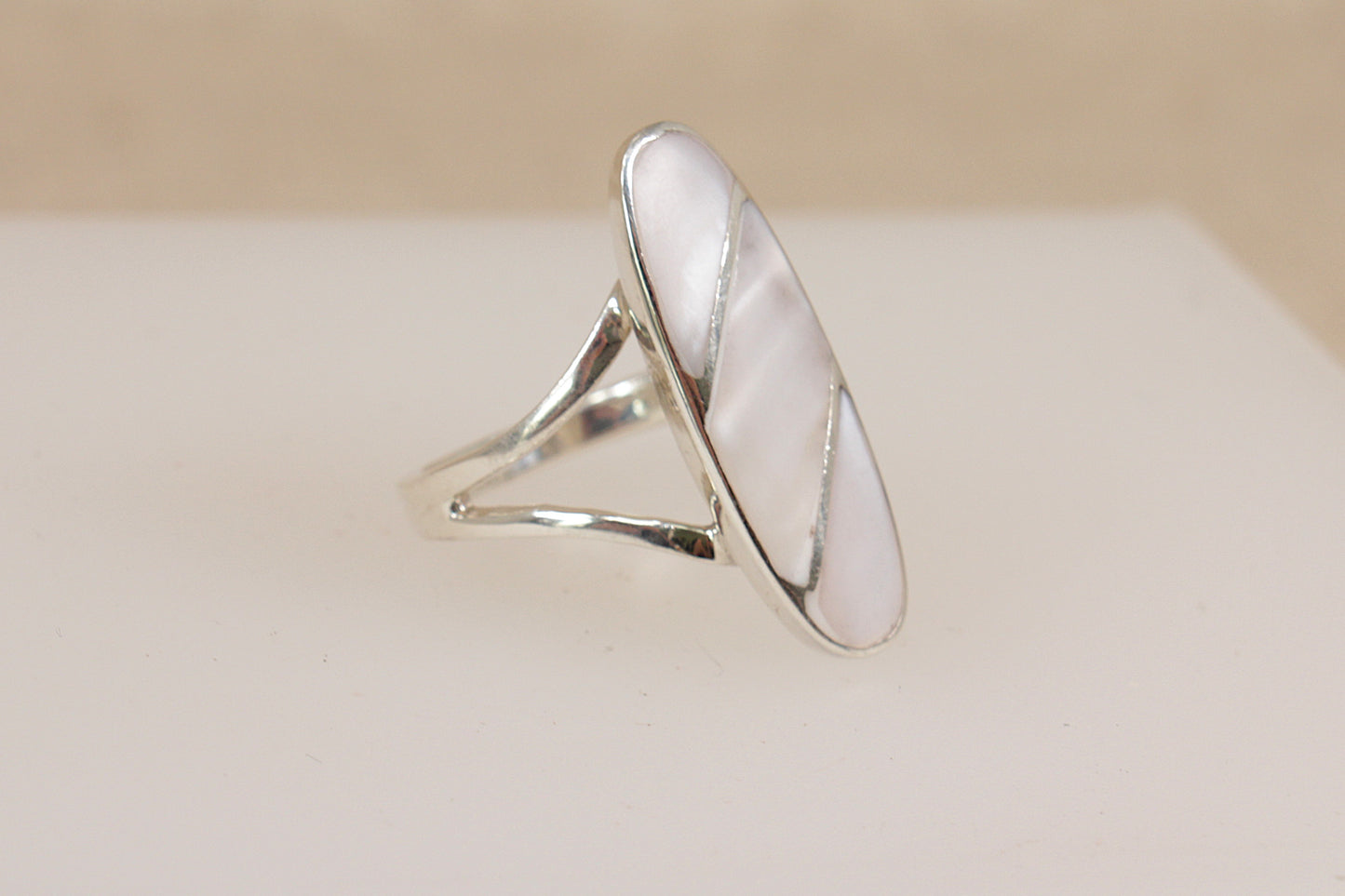 Distinctive Silver & Mother of Pearl Elongated Ring