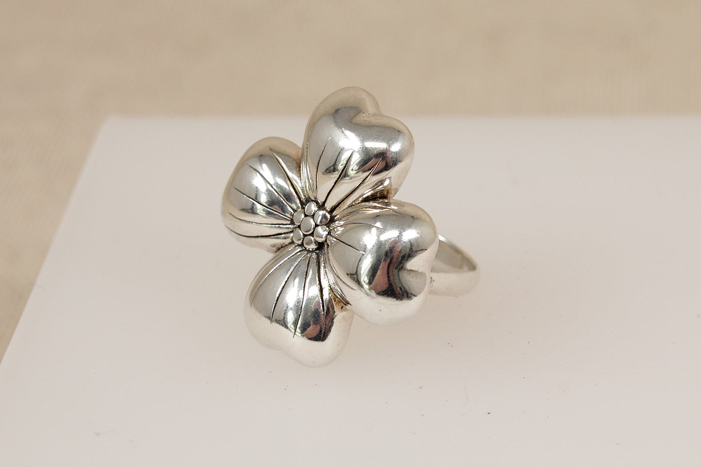 Large Sterling Silver Four-Leaf Flower Statement Ring