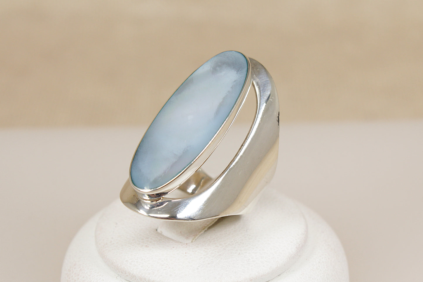 Large Sterling Silver & Blue Mother of Pearl Statement Ring