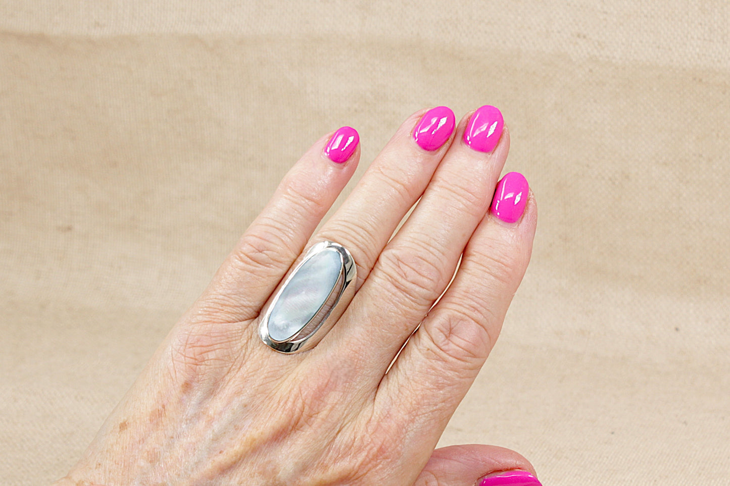 Large Sterling Silver & Blue Mother of Pearl Statement Ring