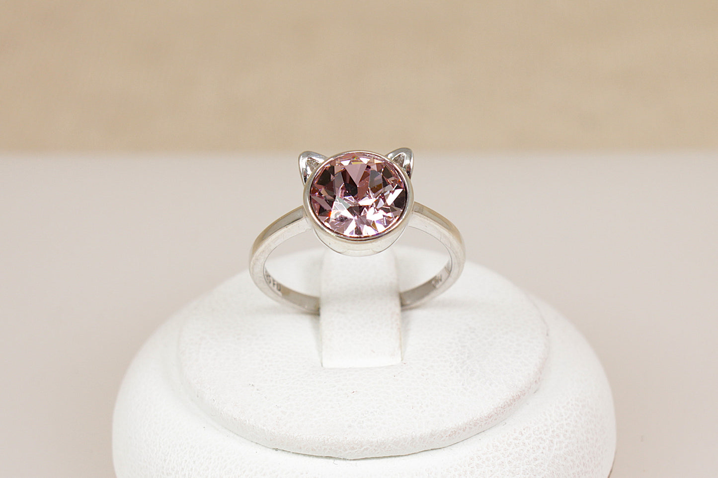 Cute Sterling Silver & Pink Crystal Cat Ring
