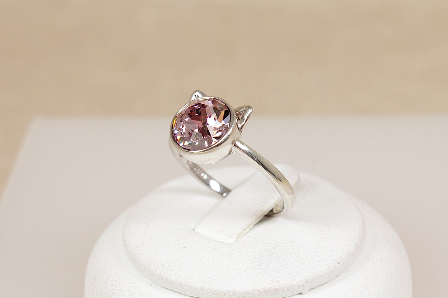 Cute Sterling Silver & Pink Crystal Cat Ring