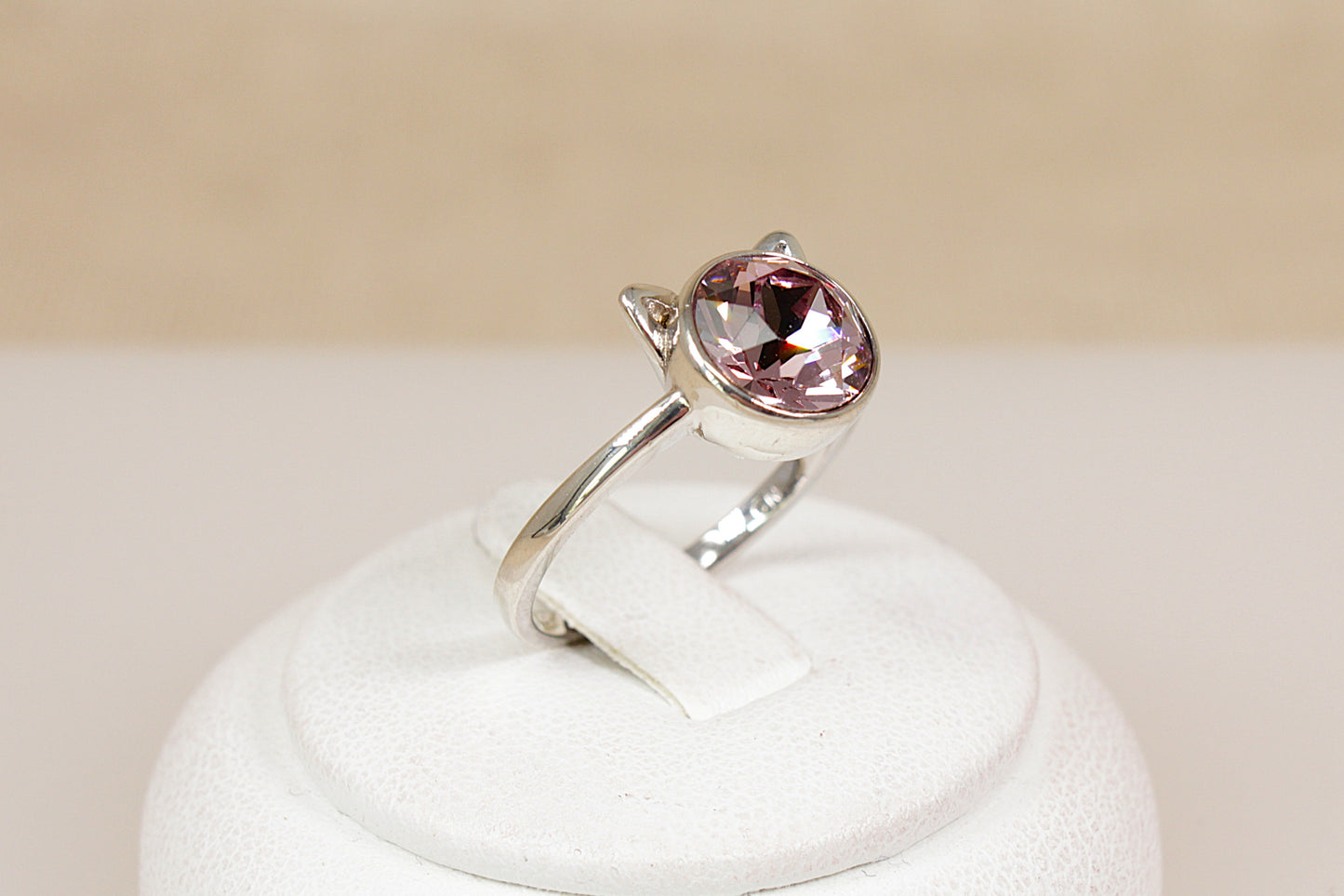 Cute Sterling Silver & Pink Crystal Cat Ring