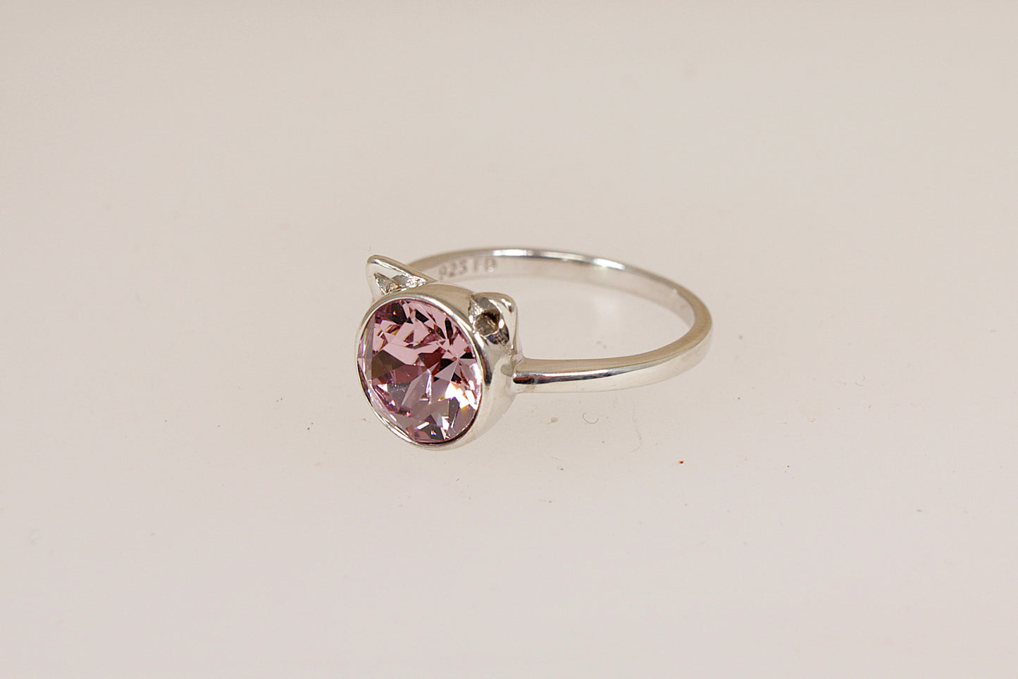 Cute Sterling Silver & Pink Crystal Cat Ring
