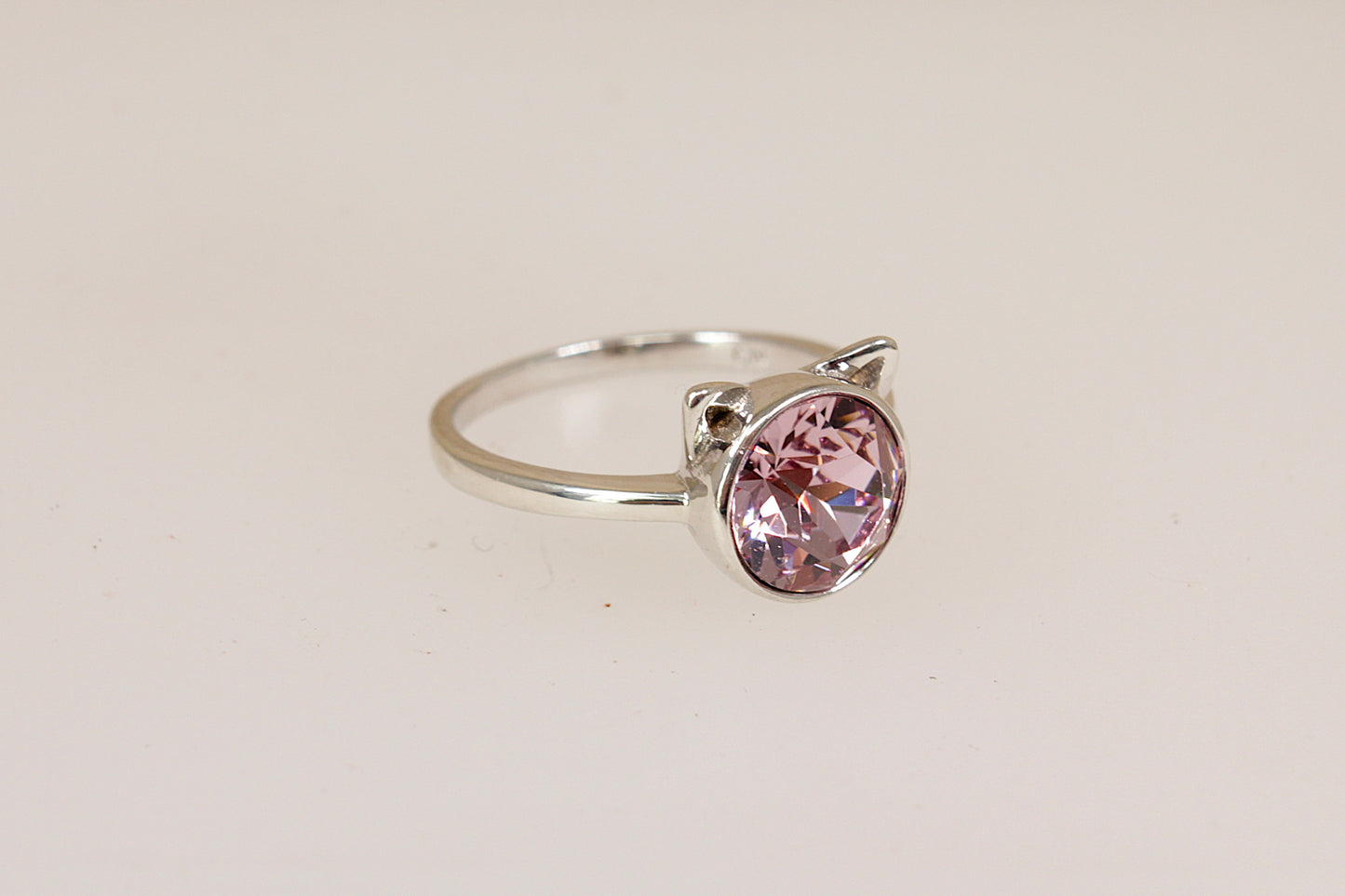 Cute Sterling Silver & Pink Crystal Cat Ring
