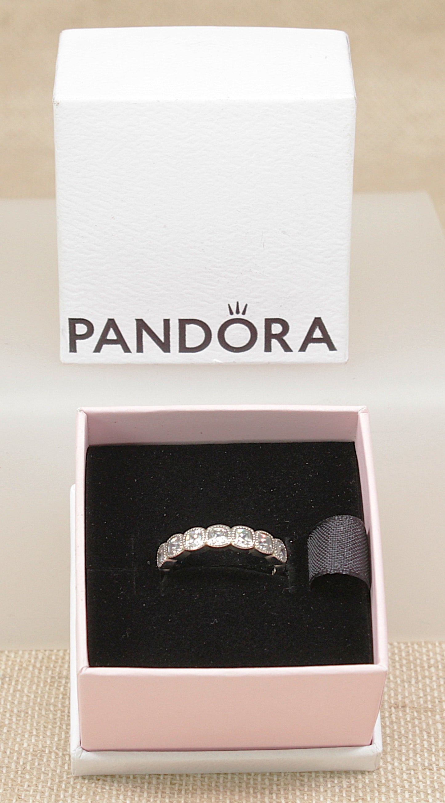 Silver pandora white crystal half eternity ring in original pandora box
