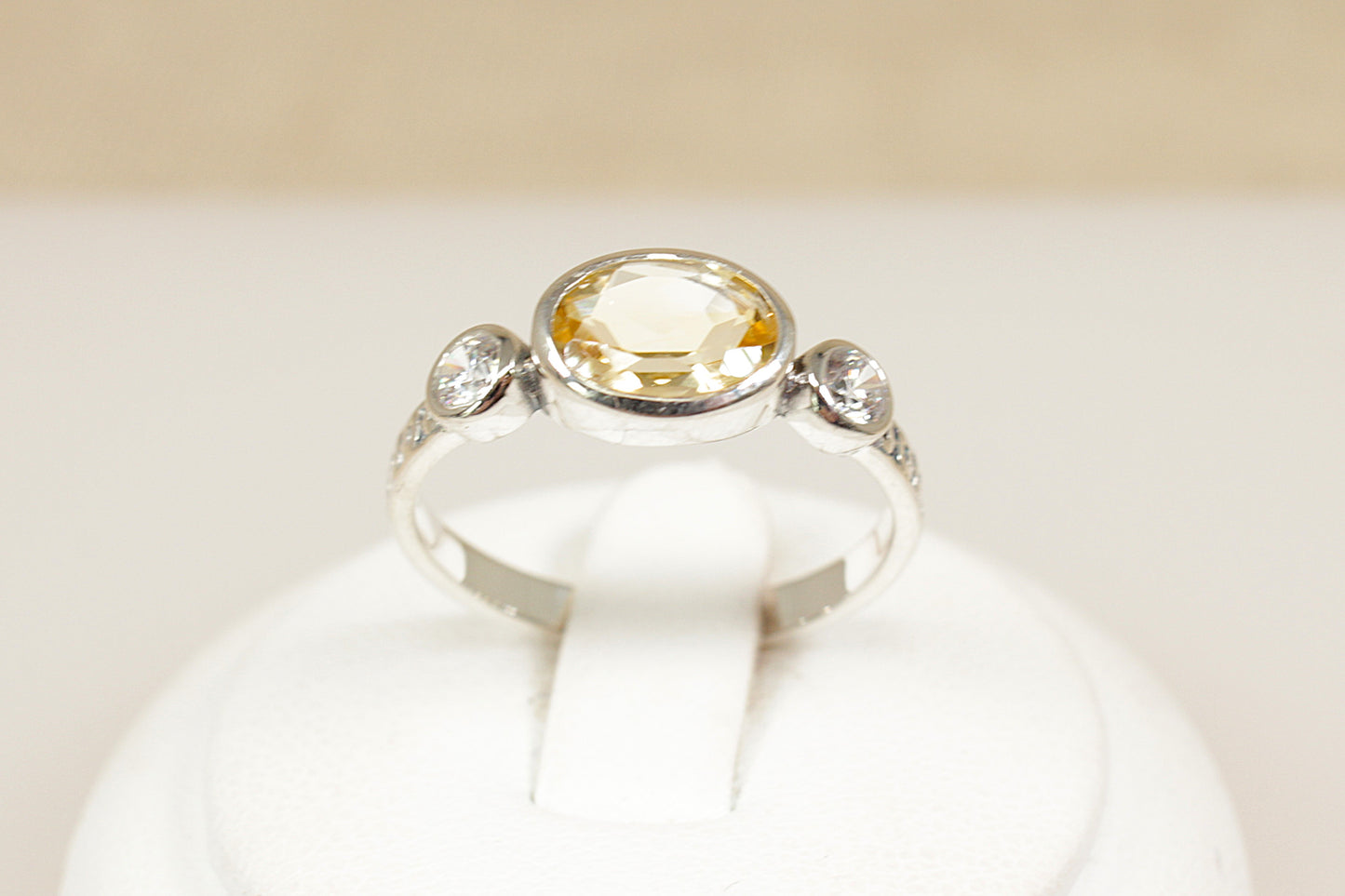 Silver Citrine and Cubic Zirconia Trilogy Ring