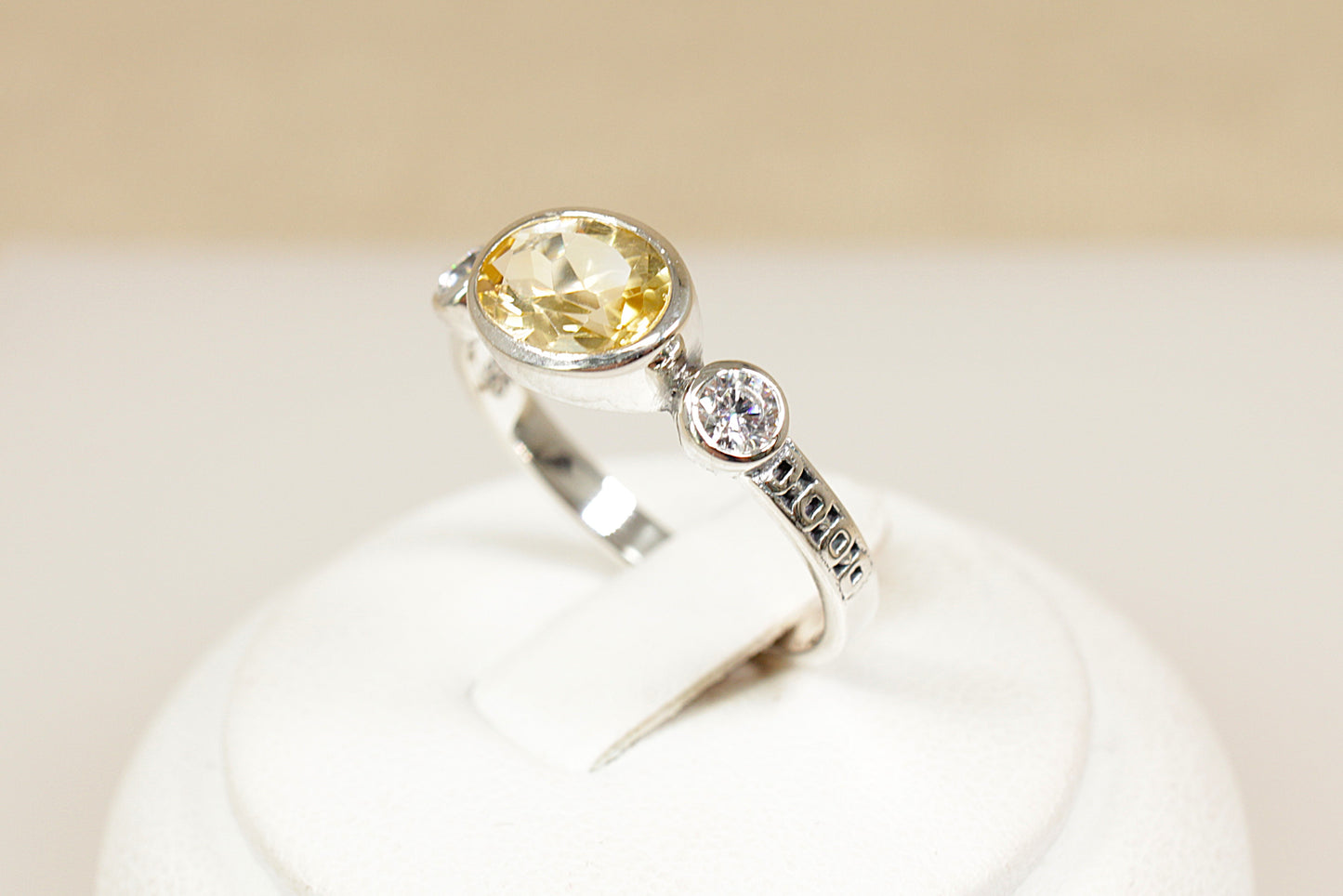 Silver Citrine and Cubic Zirconia Trilogy Ring