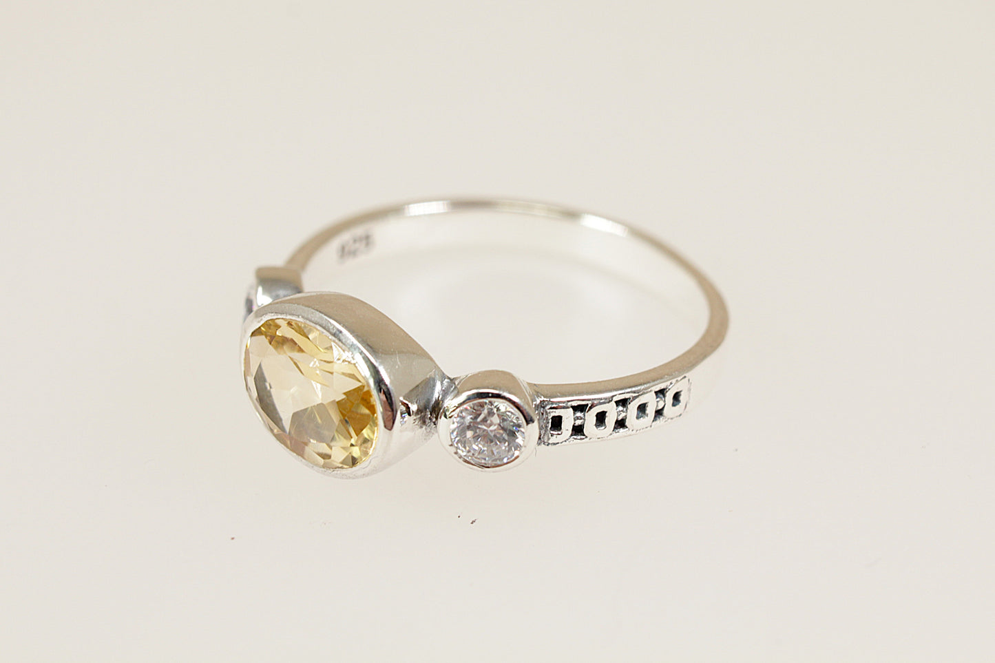 Silver Citrine and Cubic Zirconia Trilogy Ring
