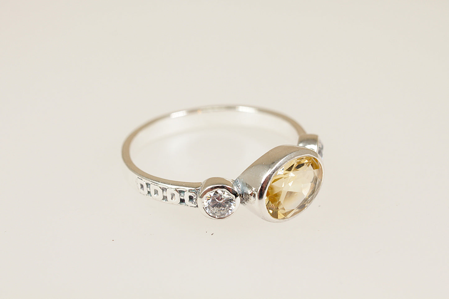 Silver Citrine and Cubic Zirconia Trilogy Ring