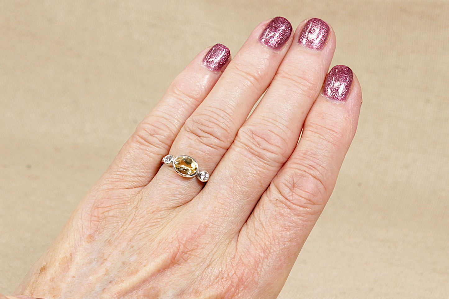 Silver Citrine and Cubic Zirconia Trilogy Ring