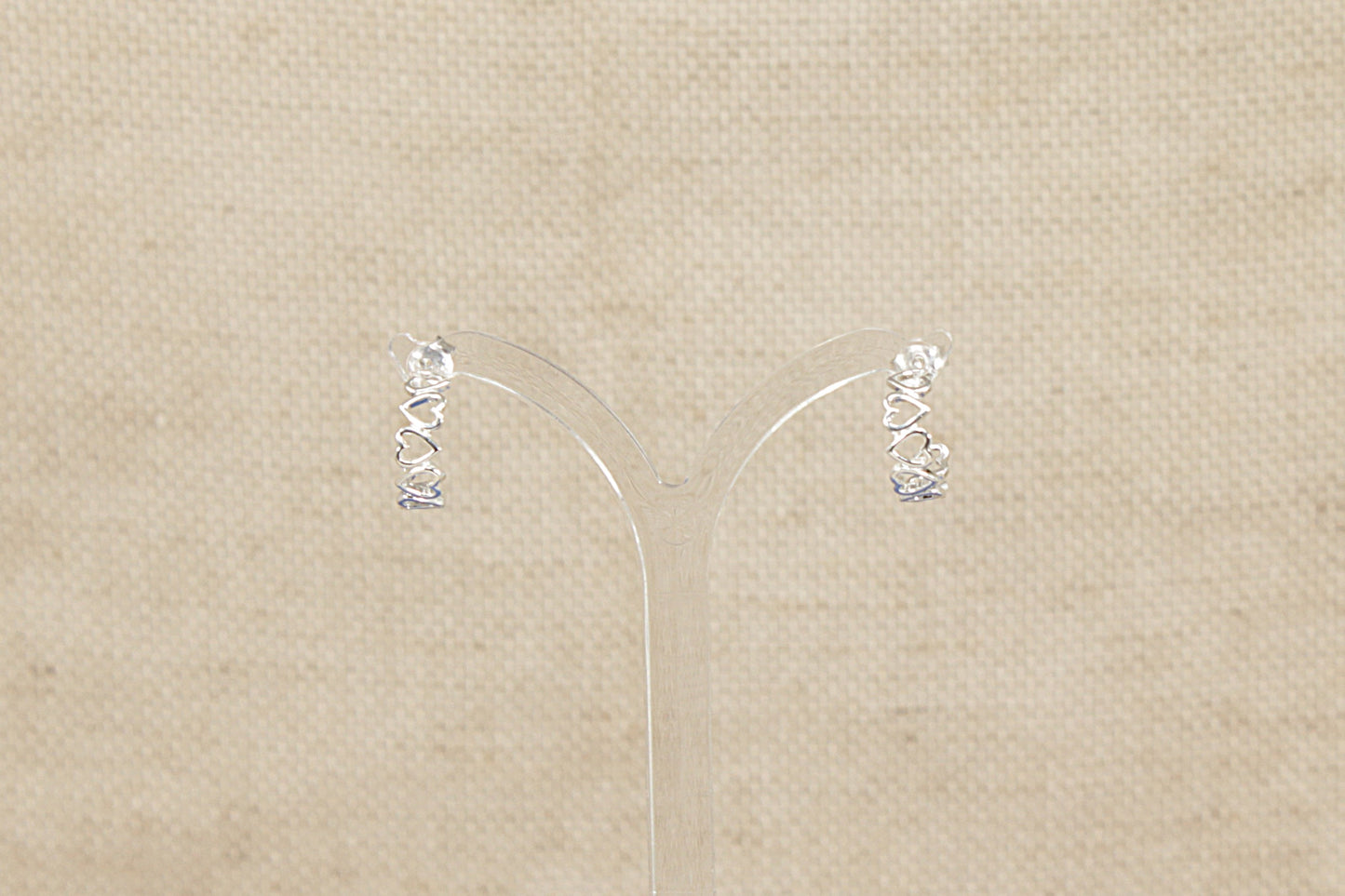 Silver Half Hoop Earrings, Heart Design
