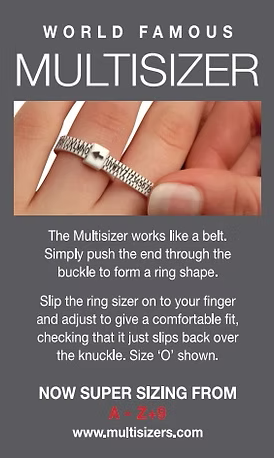 Advertisement for World Famous Multisizer with a close-up of a hand wearing a finger size ring gauge