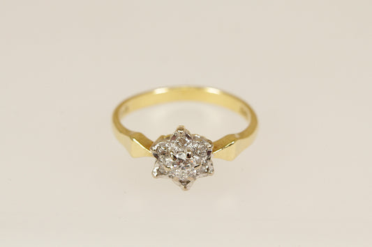 Gold ring with a diamond cluster on a beige background