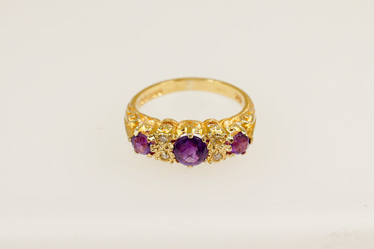 vintage 9ct yellow gold amethyst and diamond trilogy ring, hallmarked London 1972, UK finger size P.