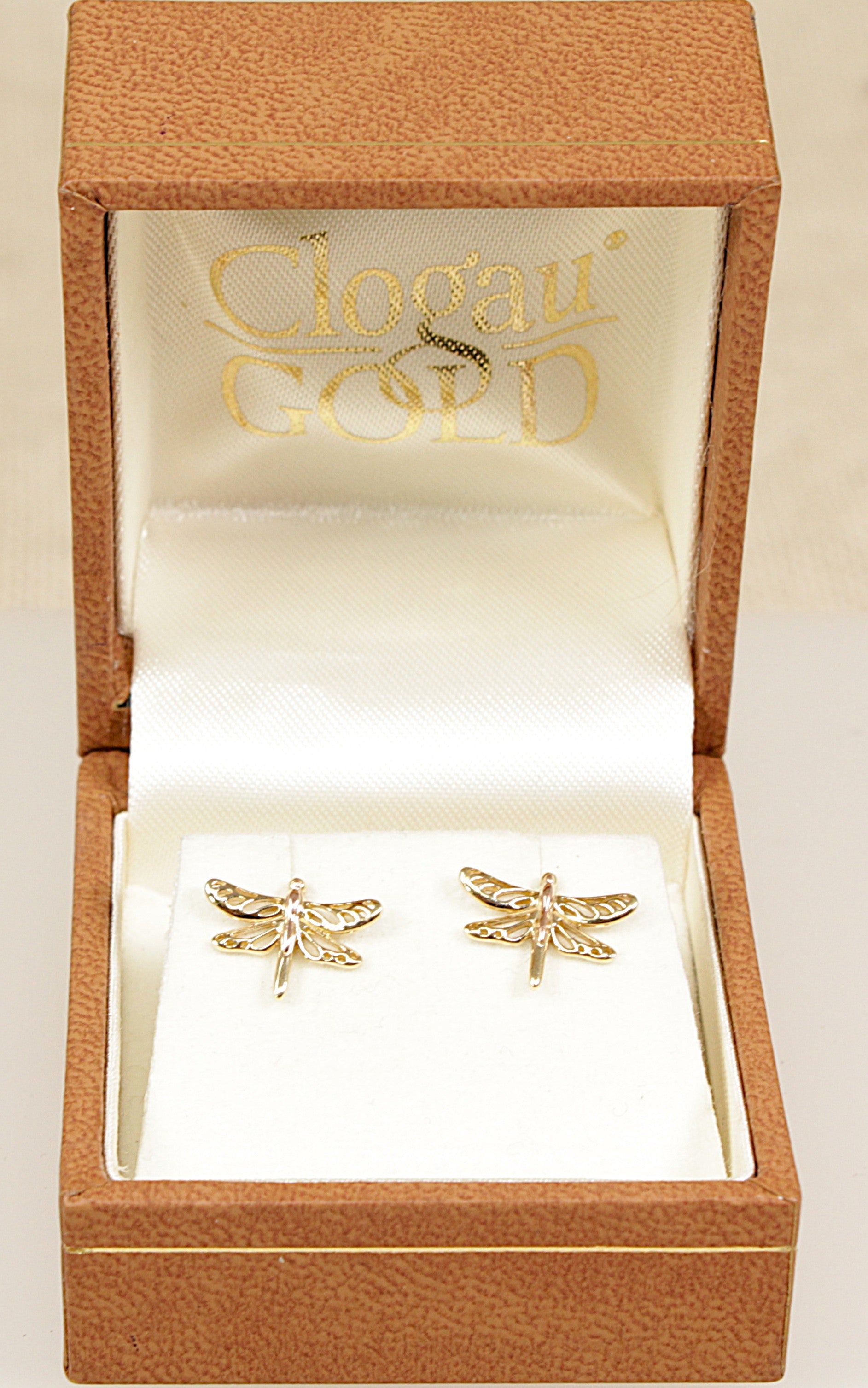 Welsh Clogau 9ct yellow gold stud earrings designed in the shape of a dragonfly in the original Clogau Gold Box.