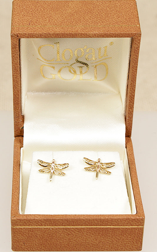 Welsh Clogau 9ct yellow gold stud earrings designed in the shape of a dragonfly in the original Clogau Gold Box.